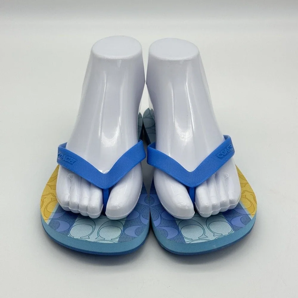 NWOT Coach Logo Zak Beach Thong Flip Flop Sandals Blue/Yellow Women’s Size 6 B - Picture 3 of 16